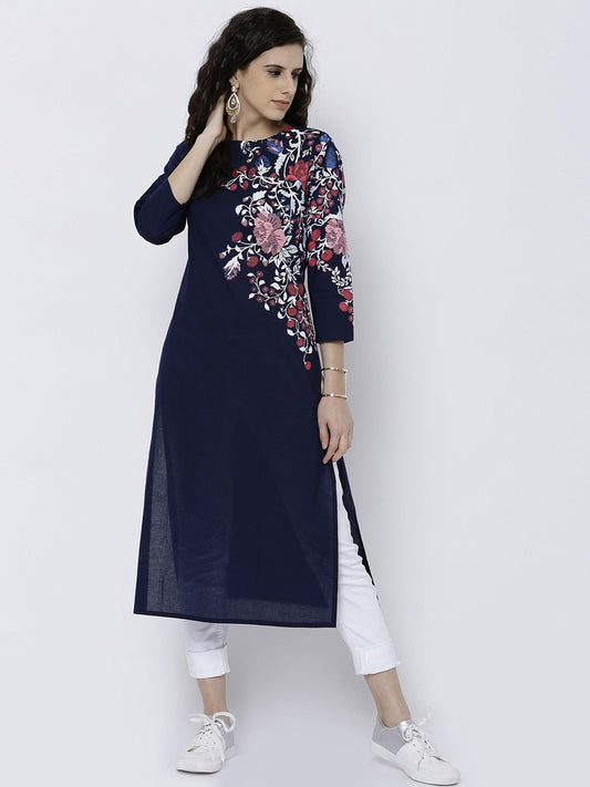 Vishudh Women Navy Printed Straight Kurta - Swadesiicart