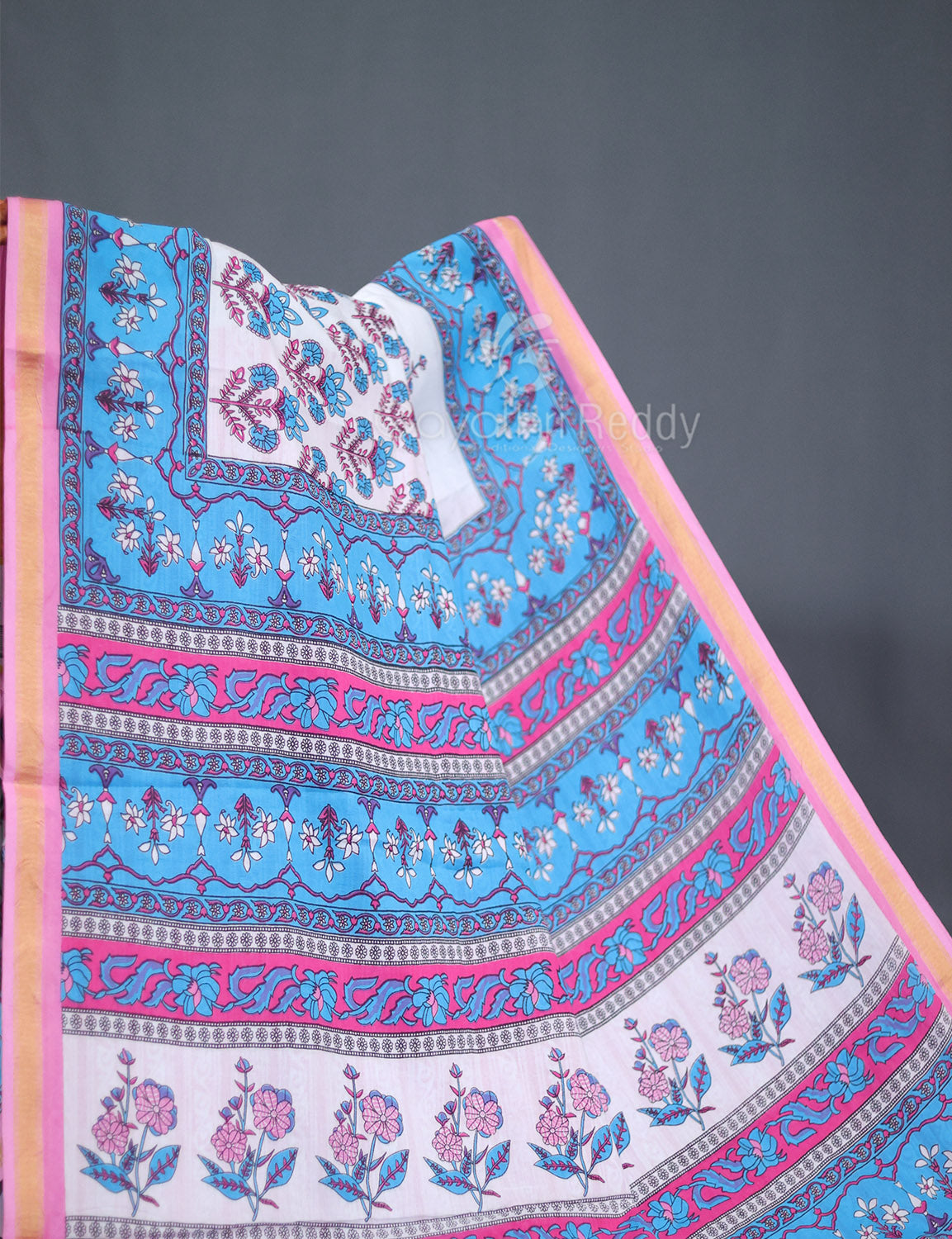 White And Cloud Blue Printed Cotton Sareecotton Saree-C569 By Gayathri Reddy Designer Studio | Swadesiicart