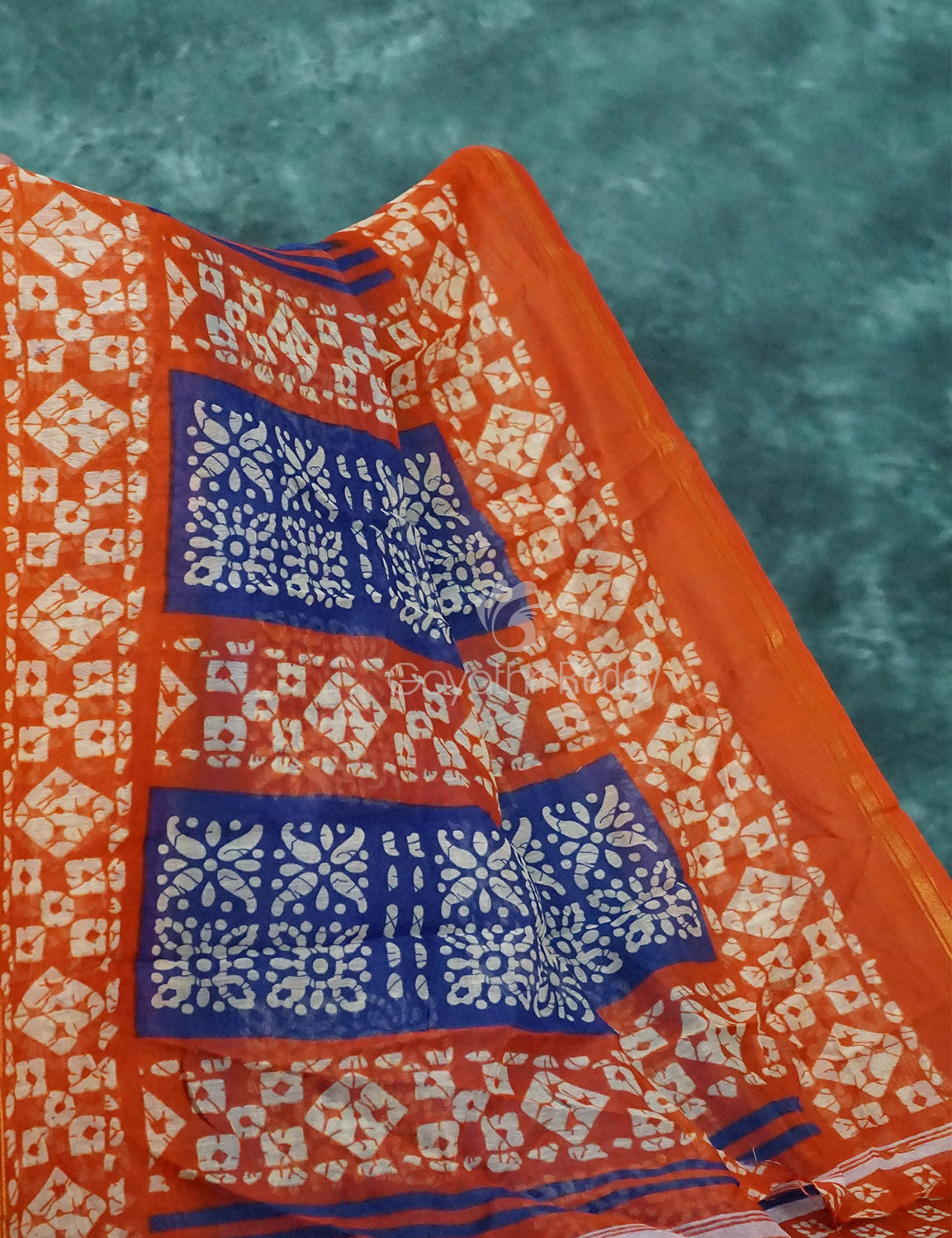 Mix of Blue and Orange Batik Printed Semi Chanderi Saree By Gayathri Reddy Designer Studio | Swadesiicart