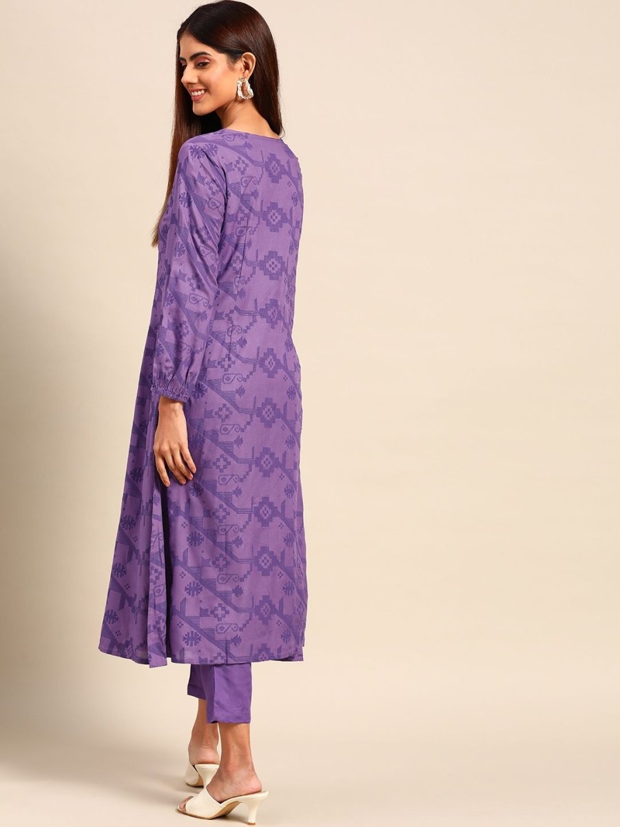 Anouk Women Purple Ethnic Motifs Printed Regular A-line Kurta with Trousers - Swadesiicart