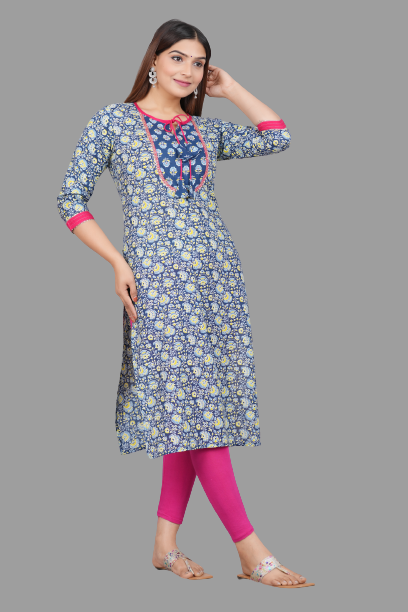 House of RP Women's NavyBlue Rayon Floral Print Kurta | Swadesiicart