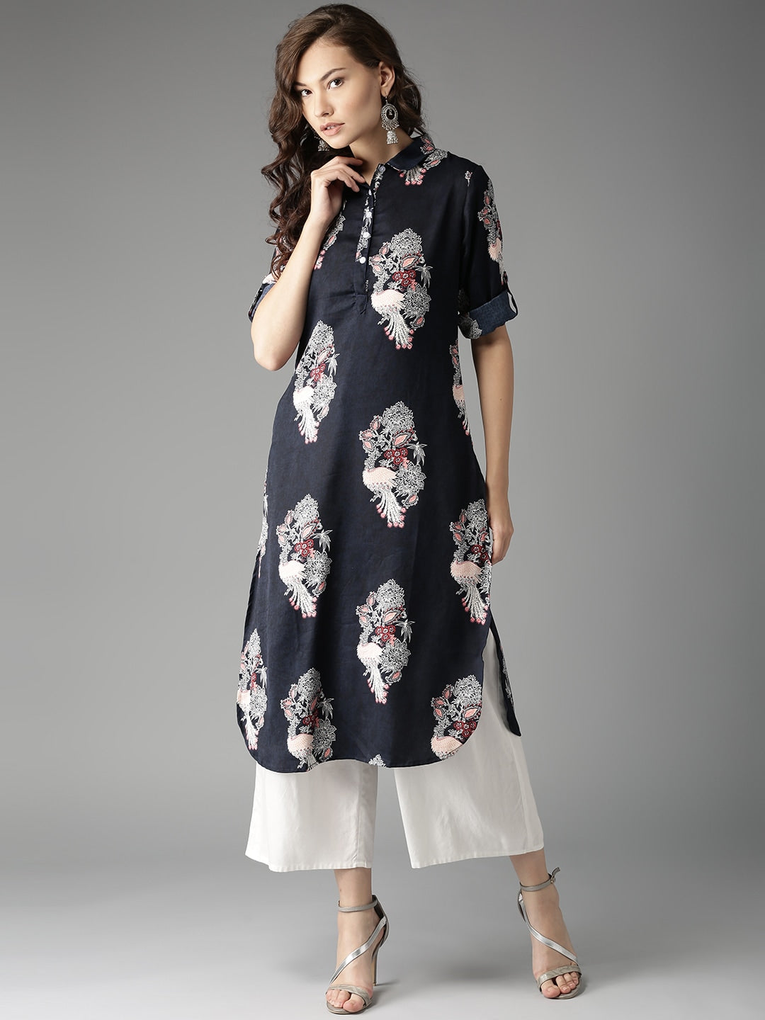 HERE&NOW Women Navy Printed Straight Kurta - Swadesiicart