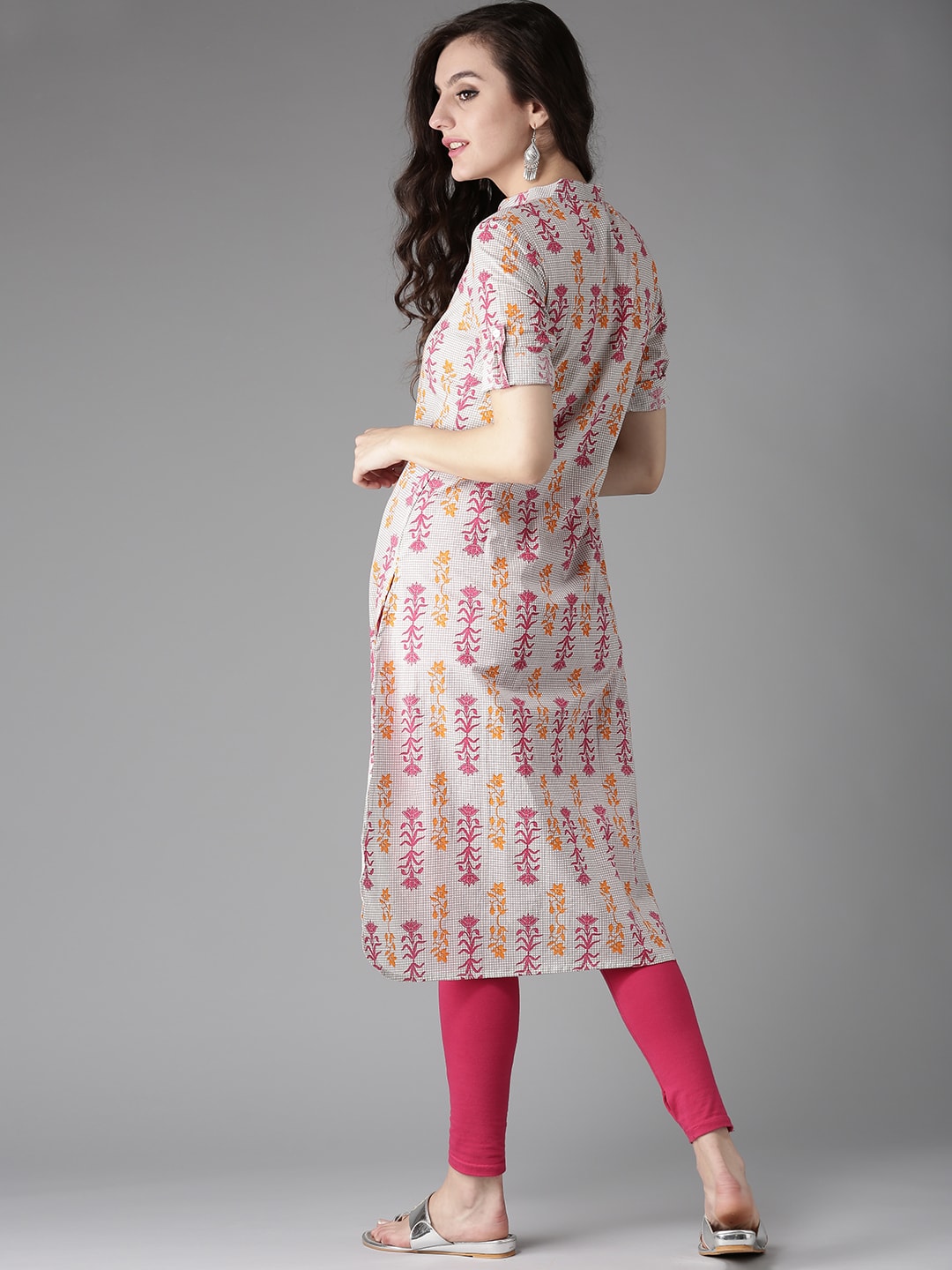 HERE&NOW Women Grey & Pink Printed Straight Kurta - Swadesiicart