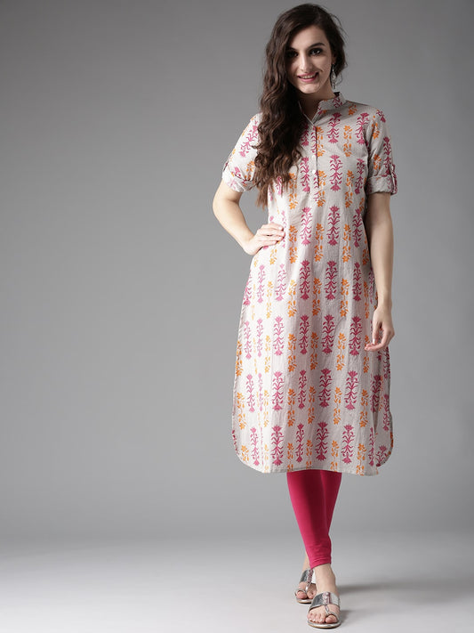 HERE&NOW Women Grey & Pink Printed Straight Kurta - Swadesiicart