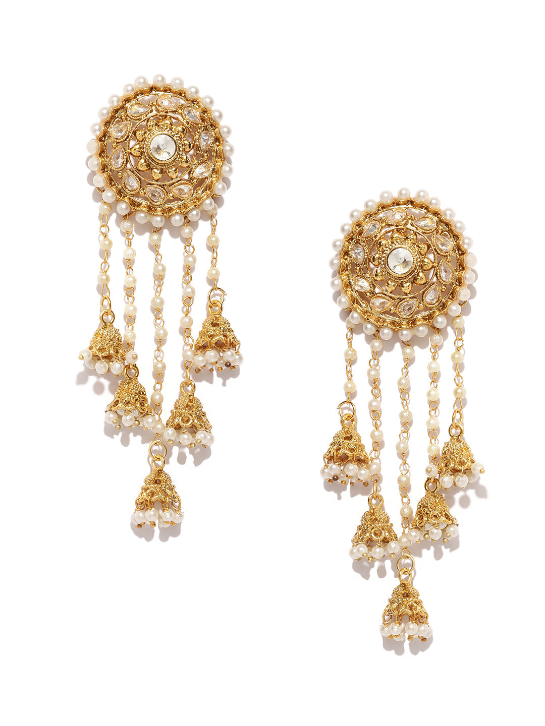 Shining Diva Gold-Toned & White Classic Jhumkas | Swadesiicart