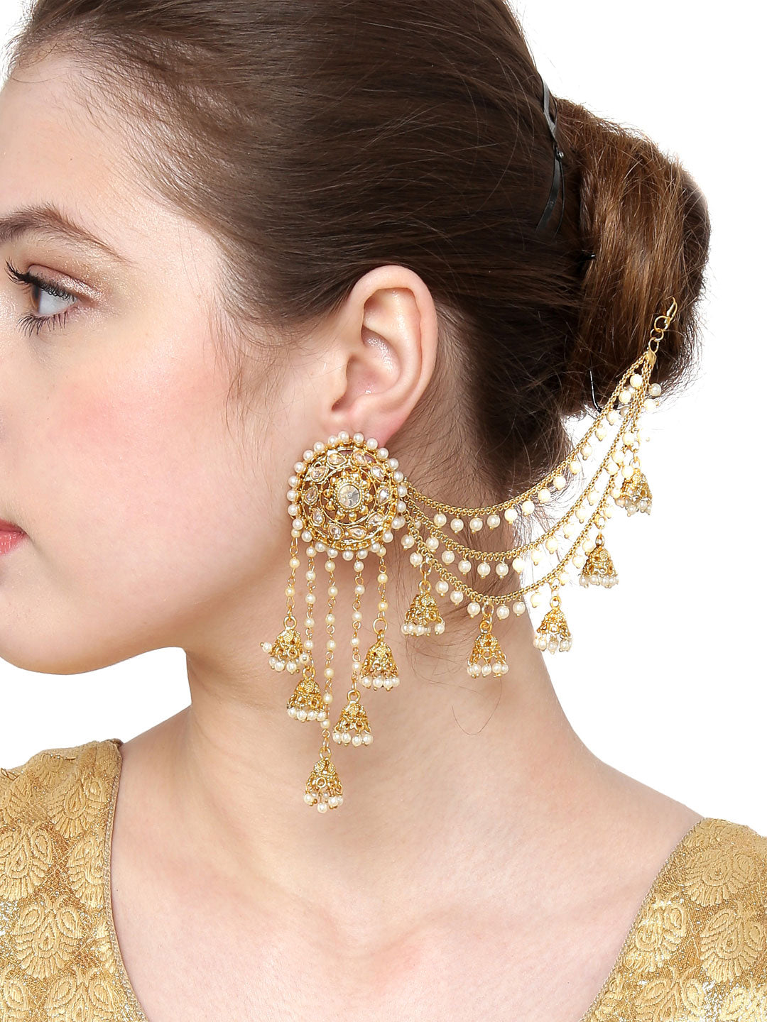 Shining Diva Gold-Toned & White Classic Jhumkas | Swadesiicart