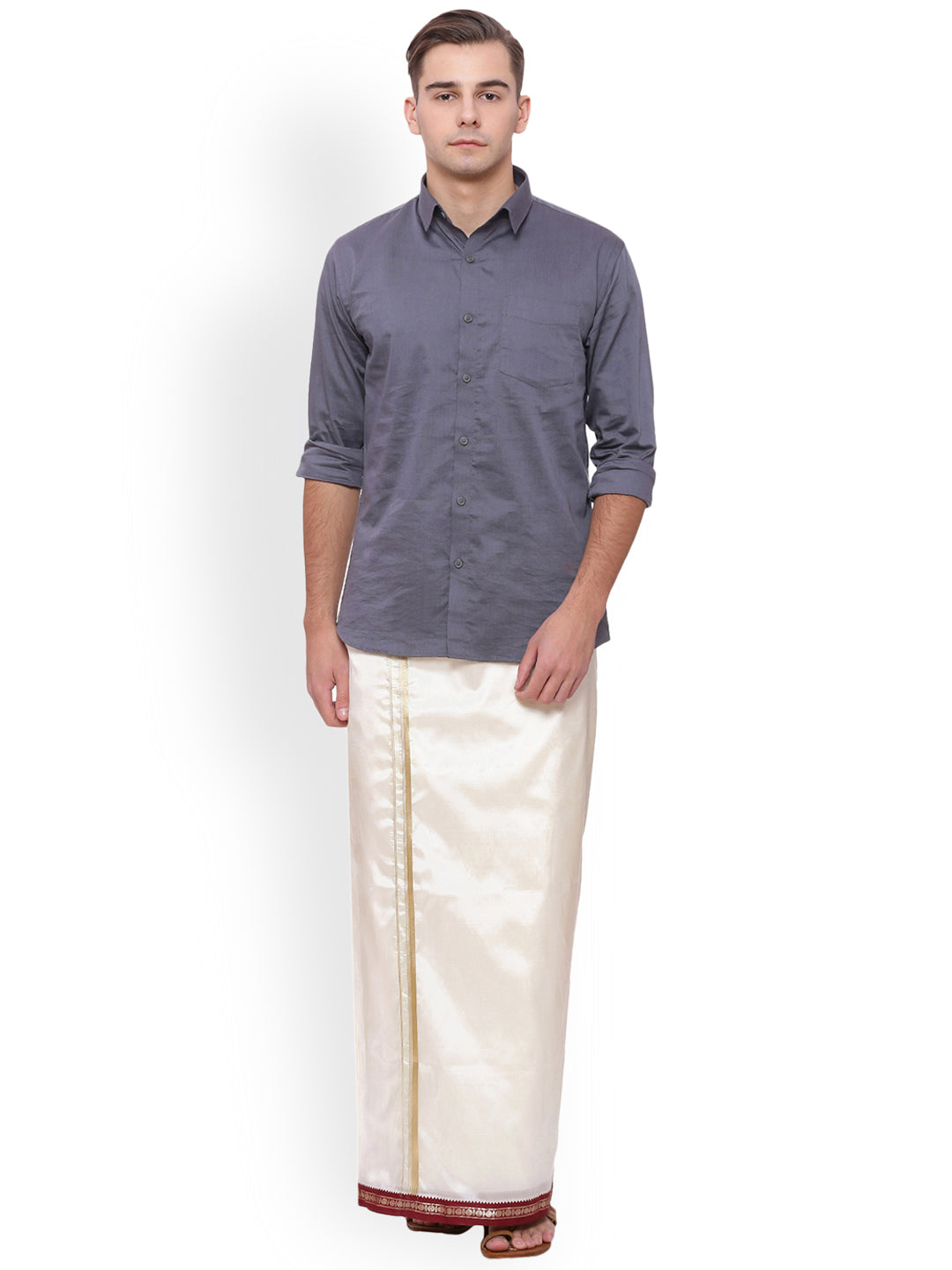 Sethukrishna Men Cream Solid Double Layer Readymade Dhoti With Pocket | Swadesiicart