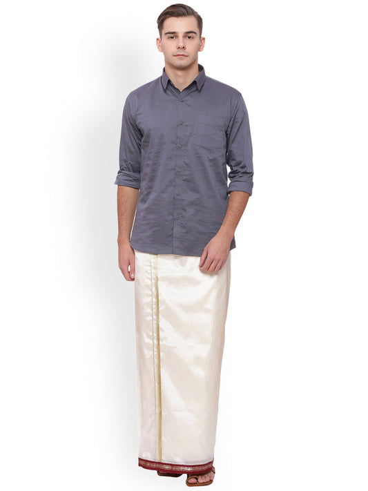 Sethukrishna Men Cream Solid Double Layer Readymade Dhoti With Pocket | Swadesiicart