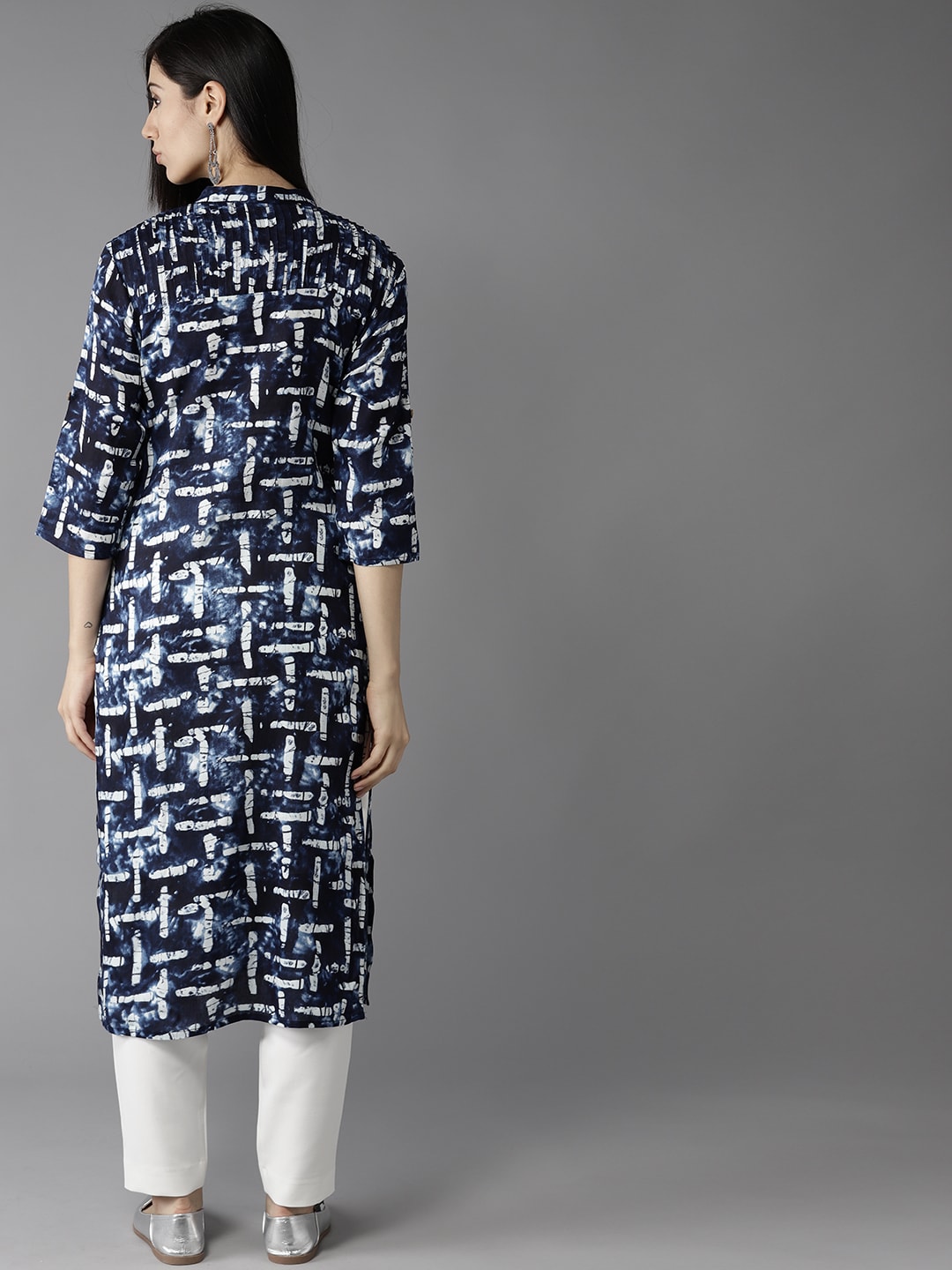 HERE&NOW Women Navy Blue & Off-White Printed Straight Kurta - Swadesiicart