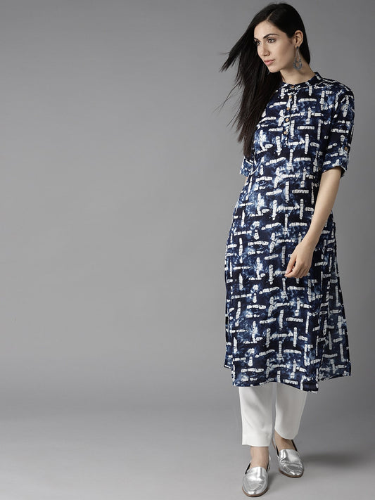 HERE&NOW Women Navy Blue & Off-White Printed Straight Kurta - Swadesiicart