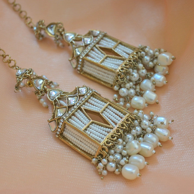 Tehzeeb Creations Stylish White Pearls Gold-Polished Kundan Studded Beads Beaded Drop Earrings With Ear Chain Long Earring Set | Swadesiicart