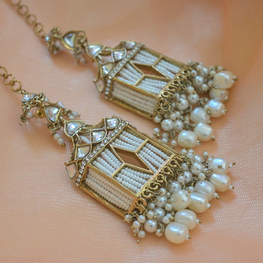 Tehzeeb Creations Stylish White Pearls Gold-Polished Kundan Studded Beads Beaded Drop Earrings With Ear Chain Long Earring Set | Swadesiicart