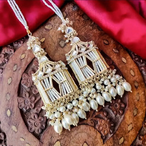 Tehzeeb Creations Stylish White Pearls Gold-Polished Kundan Studded Beads Beaded Drop Earrings With Ear Chain Long Earring Set | Swadesiicart