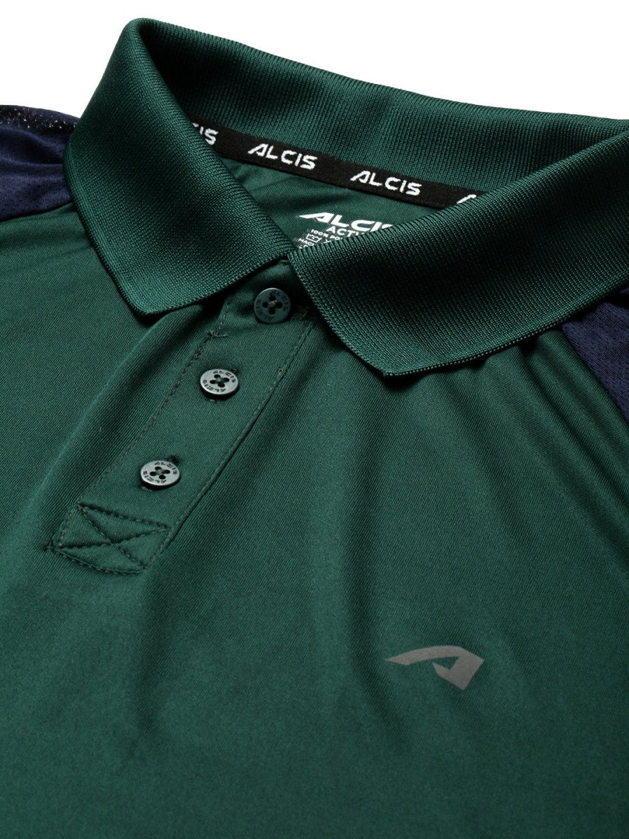 Alcis Men Green & Navy Blue Colourblocked Polo Collar Slim Fit Running T-shirt | Swadesiicart