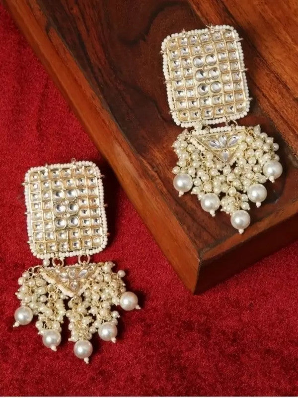 Tehzeeb Creations Jewellery Gold Tone Jadau Kundan & Pearls Large Drop Earrings For Women & Girls | Swadesiicart