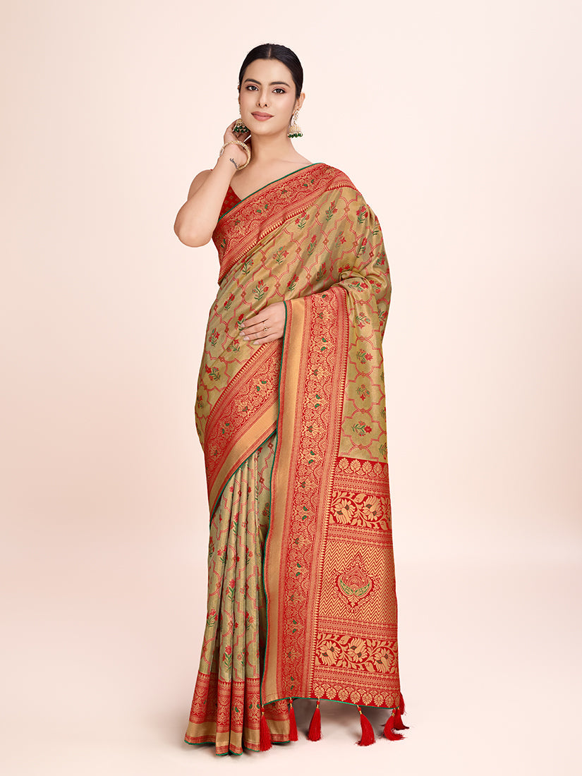 Monjolika Fashion Exquisite Designs With This Regal Red Rich Look Banarasi Tissue Silk Saree | Swadesiicart