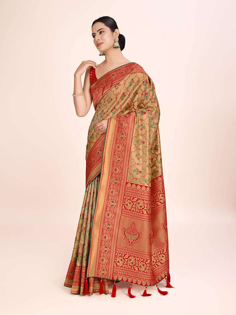 Monjolika Fashion Exquisite Designs With This Regal Red Rich Look Banarasi Tissue Silk Saree | Swadesiicart