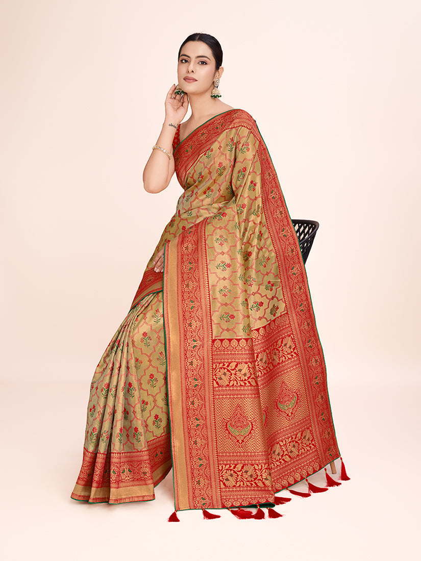 Monjolika Fashion Exquisite Designs With This Regal Red Rich Look Banarasi Tissue Silk Saree | Swadesiicart