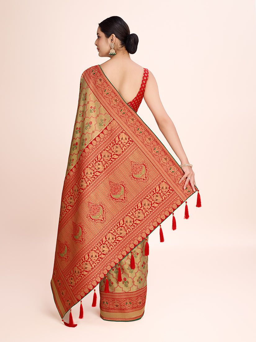 Monjolika Fashion Exquisite Designs With This Regal Red Rich Look Banarasi Tissue Silk Saree | Swadesiicart