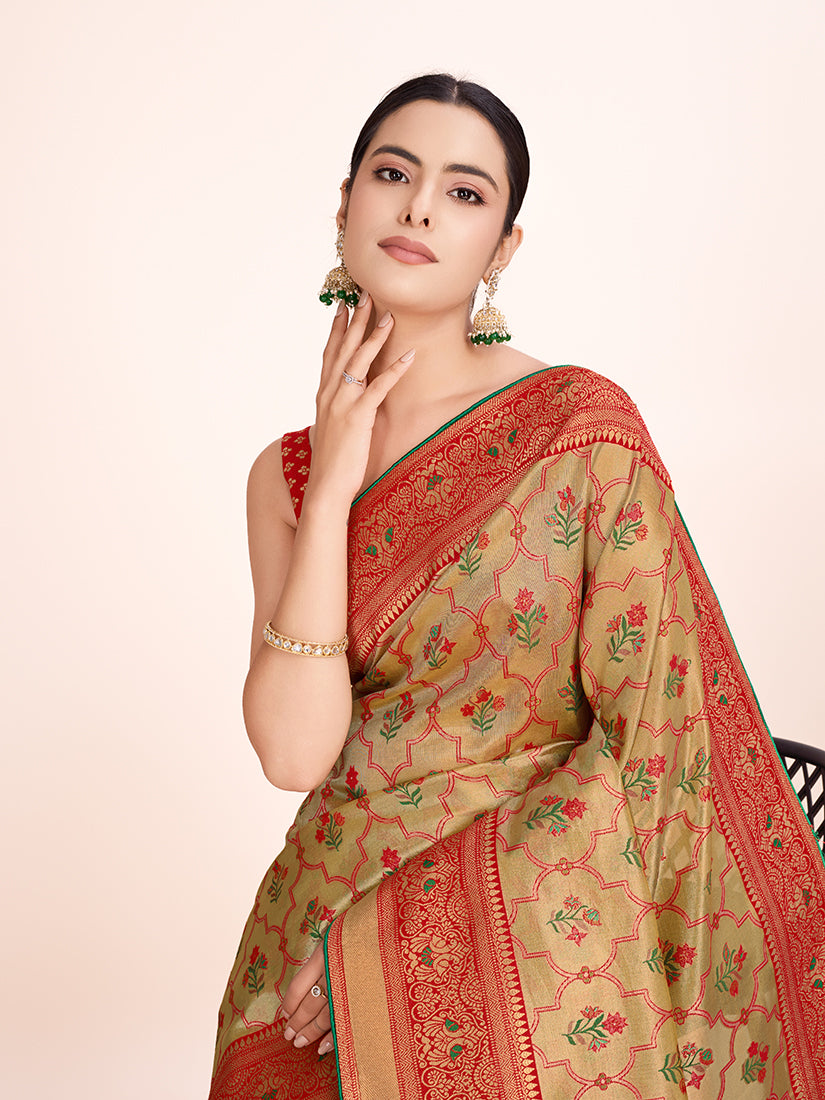 Monjolika Fashion Exquisite Designs With This Regal Red Rich Look Banarasi Tissue Silk Saree | Swadesiicart