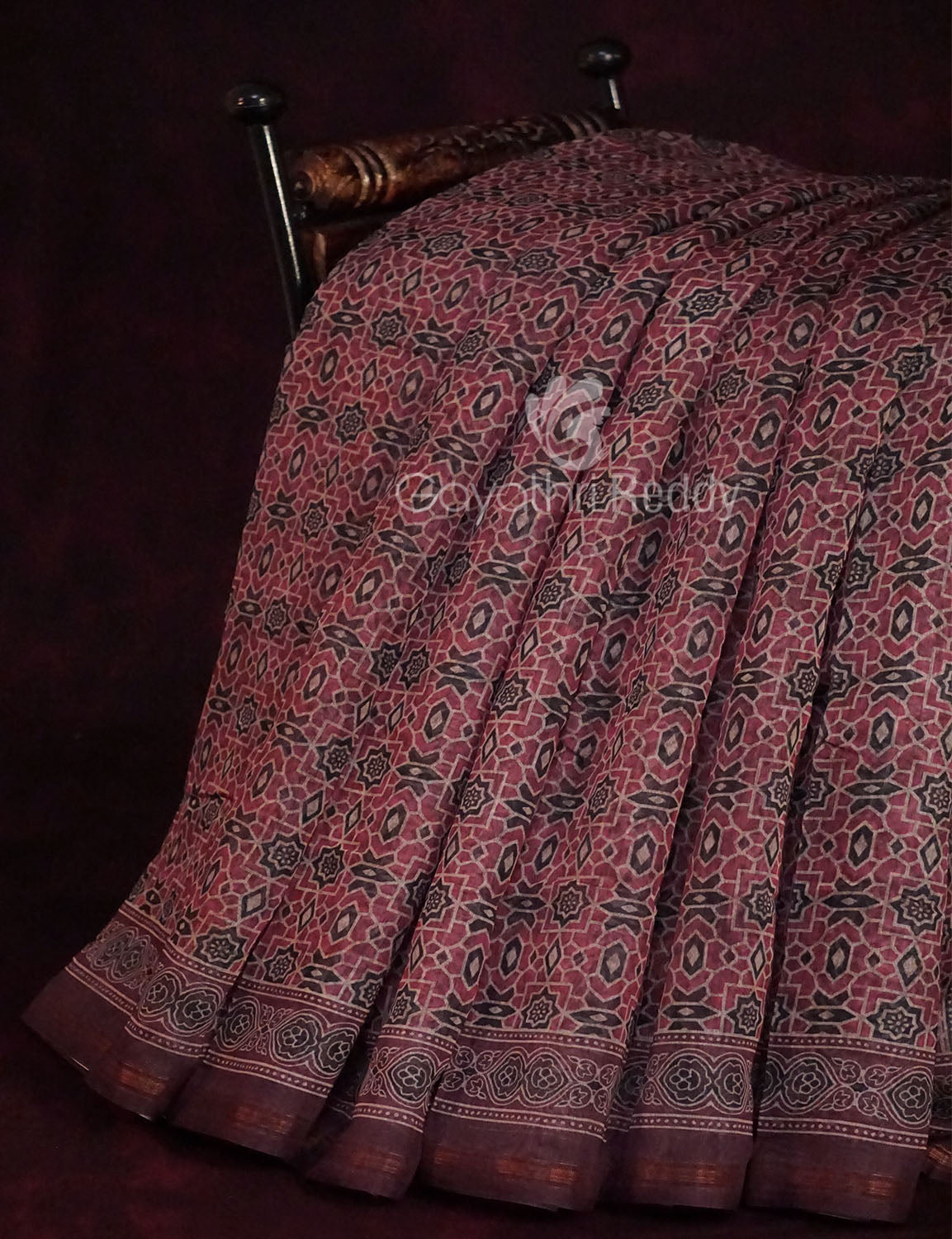 Red Onion Colour Ajrakh Design Semi Chanderi Saree By Gayathri Reddy Designer Studio | Swadesiicart