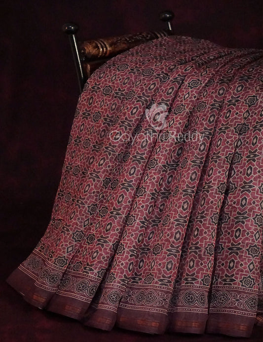 Red Onion Colour Ajrakh Design Semi Chanderi Saree By Gayathri Reddy Designer Studio | Swadesiicart