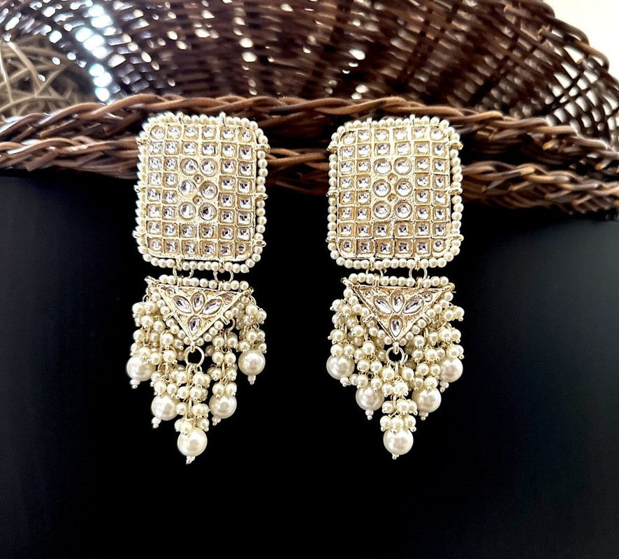 Tehzeeb Creations Jewellery Gold Tone Jadau Kundan & Pearls Large Drop Earrings For Women & Girls | Swadesiicart