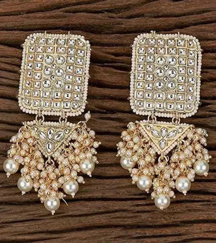 Tehzeeb Creations Jewellery Gold Tone Jadau Kundan & Pearls Large Drop Earrings For Women & Girls | Swadesiicart