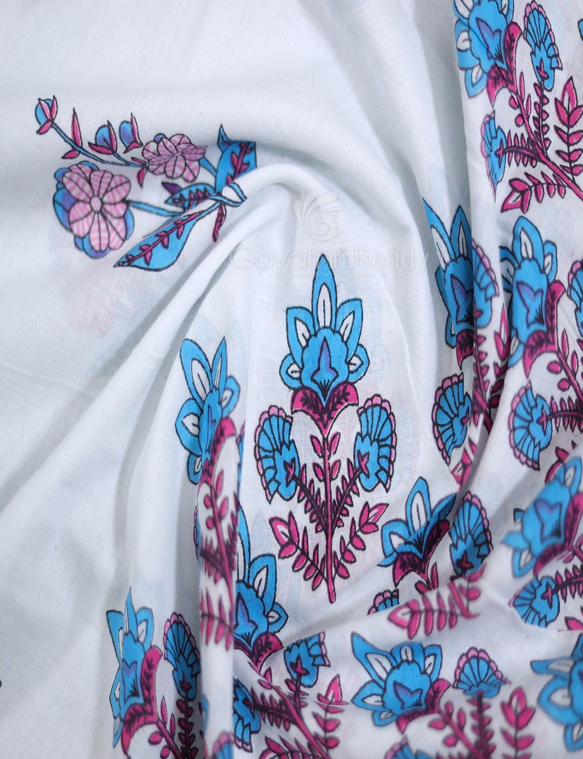 White And Cloud Blue Printed Cotton Sareecotton Saree-C569 By Gayathri Reddy Designer Studio | Swadesiicart