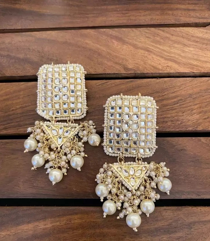 Tehzeeb Creations Jewellery Gold Tone Jadau Kundan & Pearls Large Drop Earrings For Women & Girls | Swadesiicart