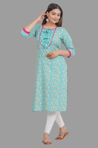 House of RP Women's AquaBlue Rayon Floral Print Kurta | Swadesiicart
