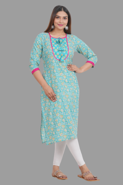 House of RP Women's AquaBlue Rayon Floral Print Kurta | Swadesiicart