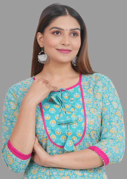 House of RP Women's AquaBlue Rayon Floral Print Kurta | Swadesiicart