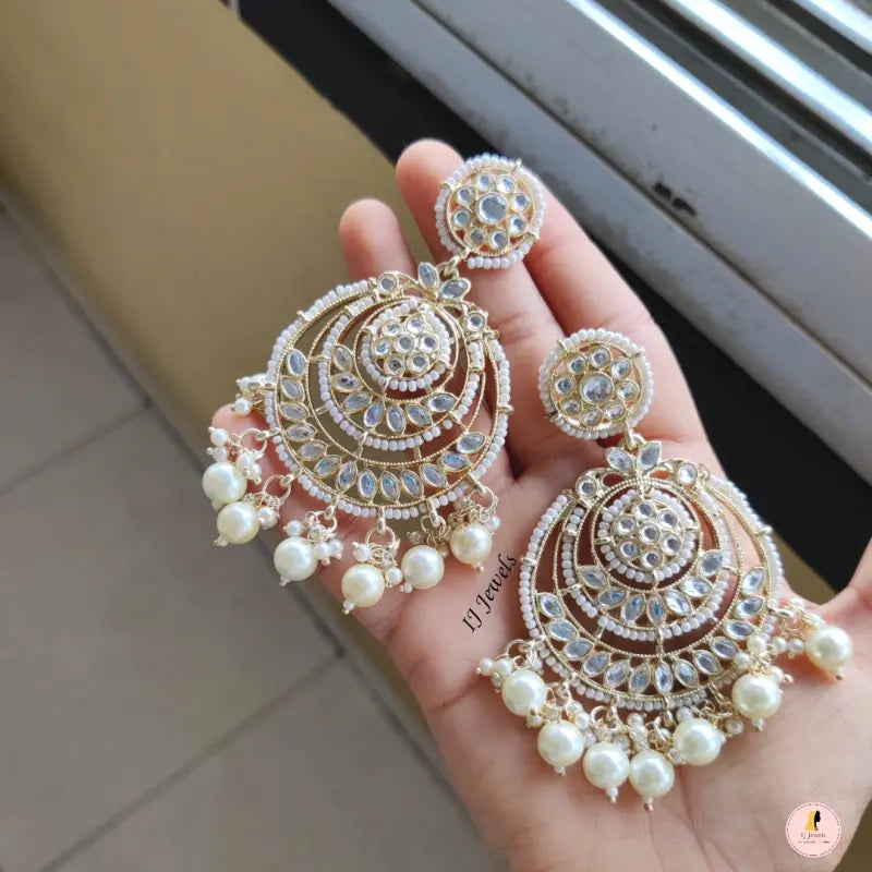 Tehzeeb Creations Gold-Polished Traditional Chandbali Drop Kundan & Pearl Earring For Women | Swadesiicart