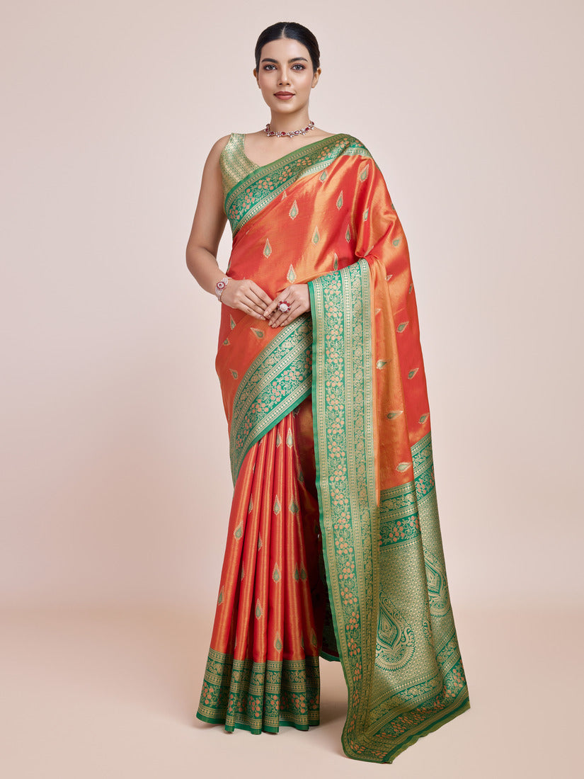Monjolika Fashion Glamour And Tradition With This Zari Woven Banarasi Tissue Silk Orange Saree | Swadesiicart