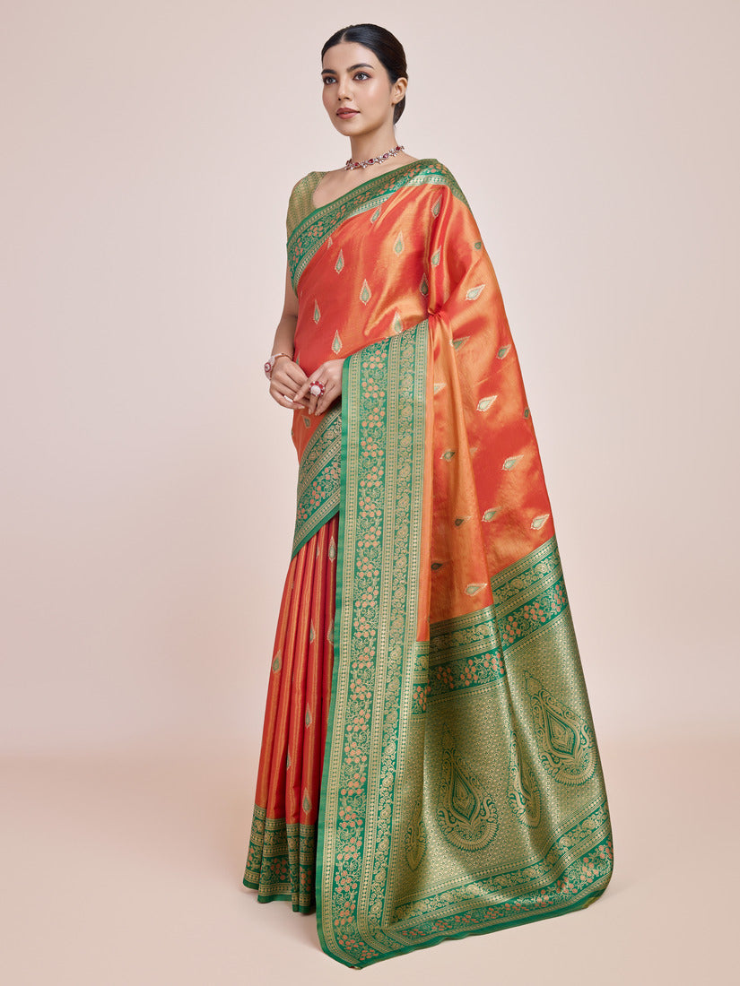 Monjolika Fashion Glamour And Tradition With This Zari Woven Banarasi Tissue Silk Orange Saree | Swadesiicart