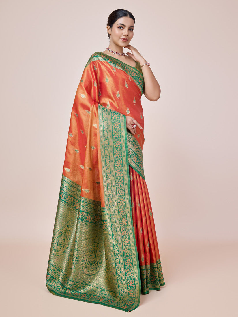 Monjolika Fashion Glamour And Tradition With This Zari Woven Banarasi Tissue Silk Orange Saree | Swadesiicart