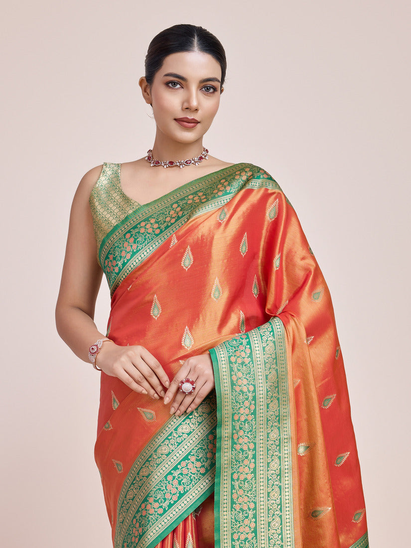 Monjolika Fashion Glamour And Tradition With This Zari Woven Banarasi Tissue Silk Orange Saree | Swadesiicart