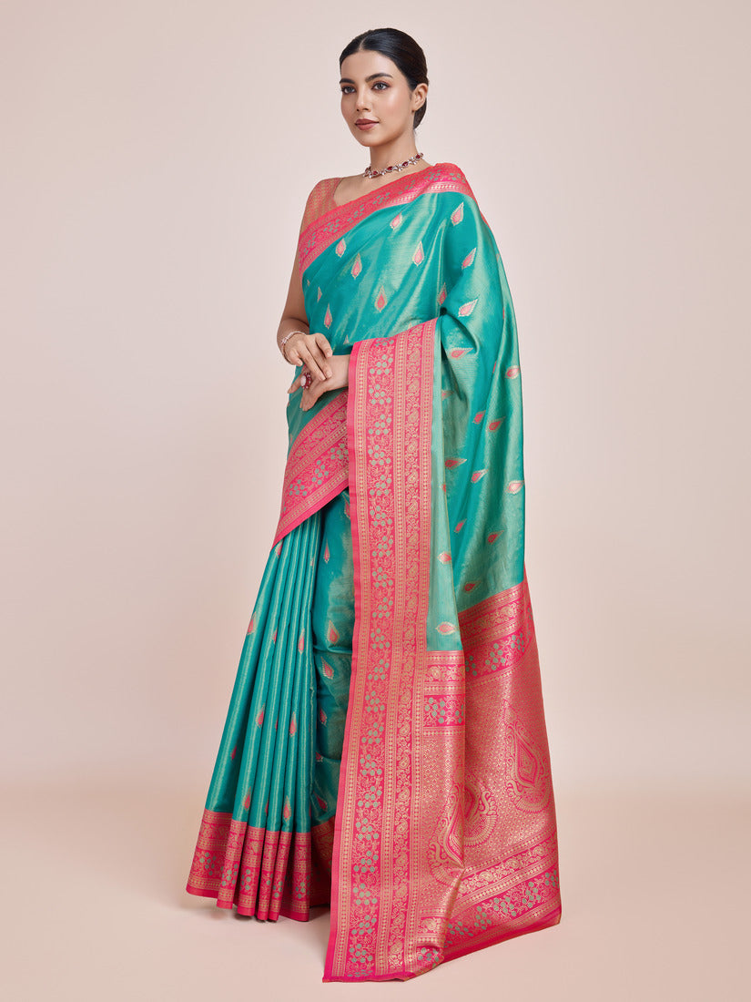 Monjolika Fashion Glamour And Tradition With This Zari Woven Banarasi Tissue Silk Turquoise Saree | Swadesiicart