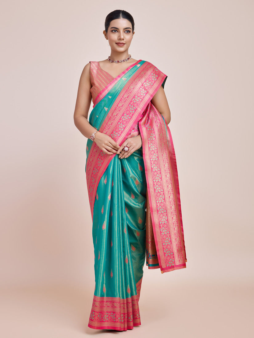 Monjolika Fashion Glamour And Tradition With This Zari Woven Banarasi Tissue Silk Turquoise Saree | Swadesiicart
