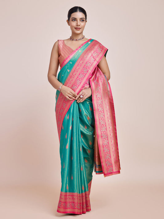 Monjolika Fashion Glamour And Tradition With This Zari Woven Banarasi Tissue Silk Turquoise Saree | Swadesiicart
