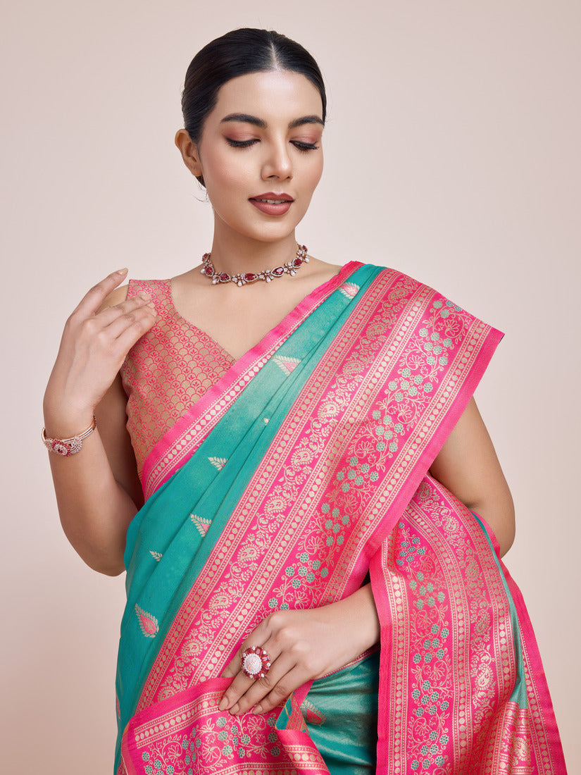 Monjolika Fashion Glamour And Tradition With This Zari Woven Banarasi Tissue Silk Turquoise Saree | Swadesiicart