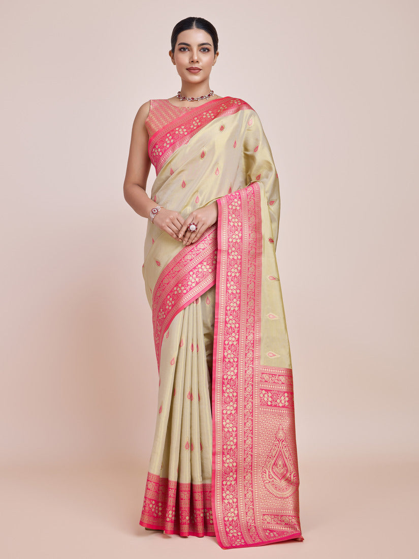 Monjolika Fashion Glamour And Tradition With This Zari Woven Banarasi Tissue Silk Cream Saree | Swadesiicart