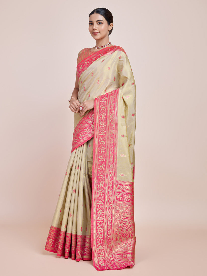 Monjolika Fashion Glamour And Tradition With This Zari Woven Banarasi Tissue Silk Cream Saree | Swadesiicart
