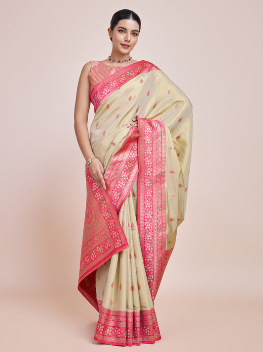 Monjolika Fashion Glamour And Tradition With This Zari Woven Banarasi Tissue Silk Cream Saree | Swadesiicart