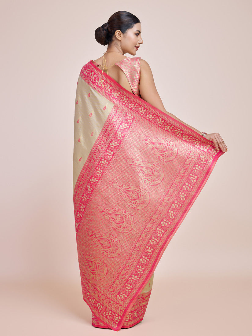 Monjolika Fashion Glamour And Tradition With This Zari Woven Banarasi Tissue Silk Cream Saree | Swadesiicart