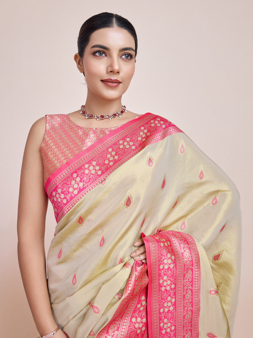 Monjolika Fashion Glamour And Tradition With This Zari Woven Banarasi Tissue Silk Cream Saree | Swadesiicart