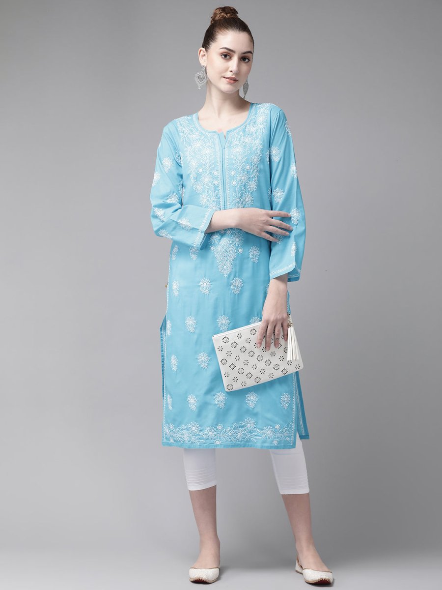 ADA Women Blue & White Pure Cotton Chikankari Embroidered Kurta with Trousers | Swadesiicart