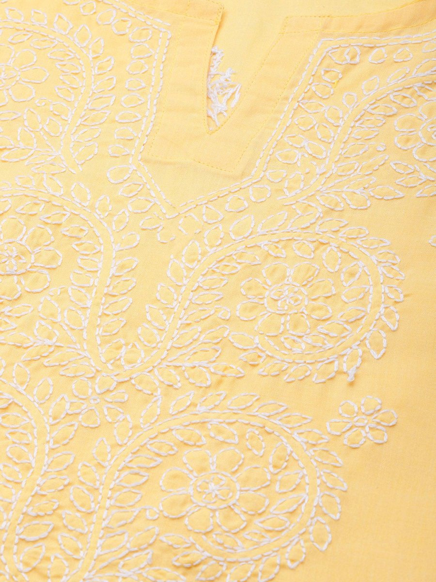 ADA Women Yellow & White Cotton Sustainable Hand Embroidered Chikankari Kurta & Trousers | Swadesiicart