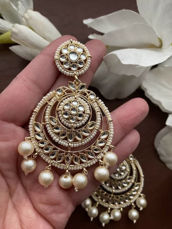 Tehzeeb Creations Gold-Polished Traditional Chandbali Drop Kundan & Pearl Earring For Women | Swadesiicart